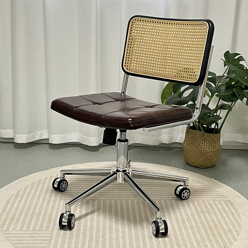 Contemporary Retro Weaving Rattan PU Leather Steel Alloy Liftable Square Desk Chair Backrest For Home Office DFM-F
