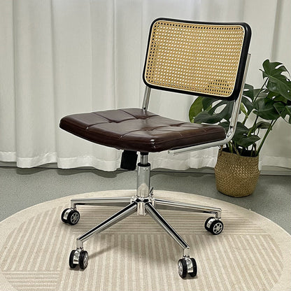 Contemporary Retro Weaving Rattan PU Leather Steel Alloy Liftable Square Desk Chair Backrest For Home Office