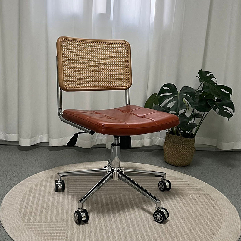 Contemporary Retro Weaving Rattan PU Leather Steel Alloy Liftable Square Desk Chair Backrest For Home Office DFM-F