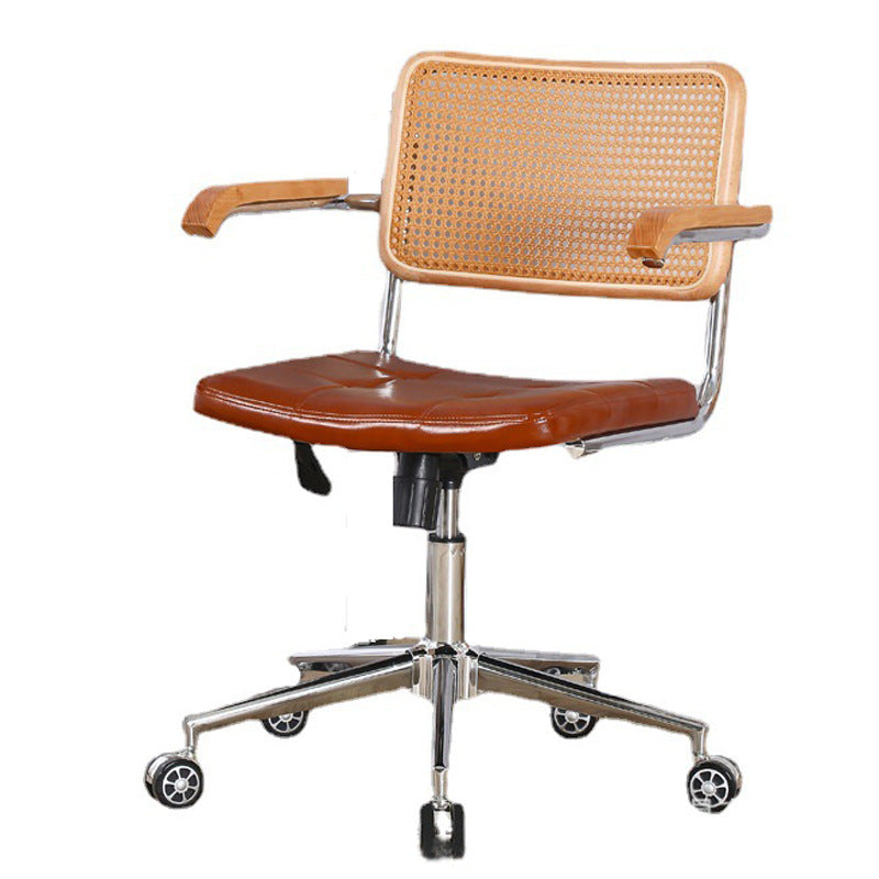 Contemporary Retro Weaving Rattan PU Leather Steel Alloy Liftable Square Desk Chair Backrest For Home Office DFM-F