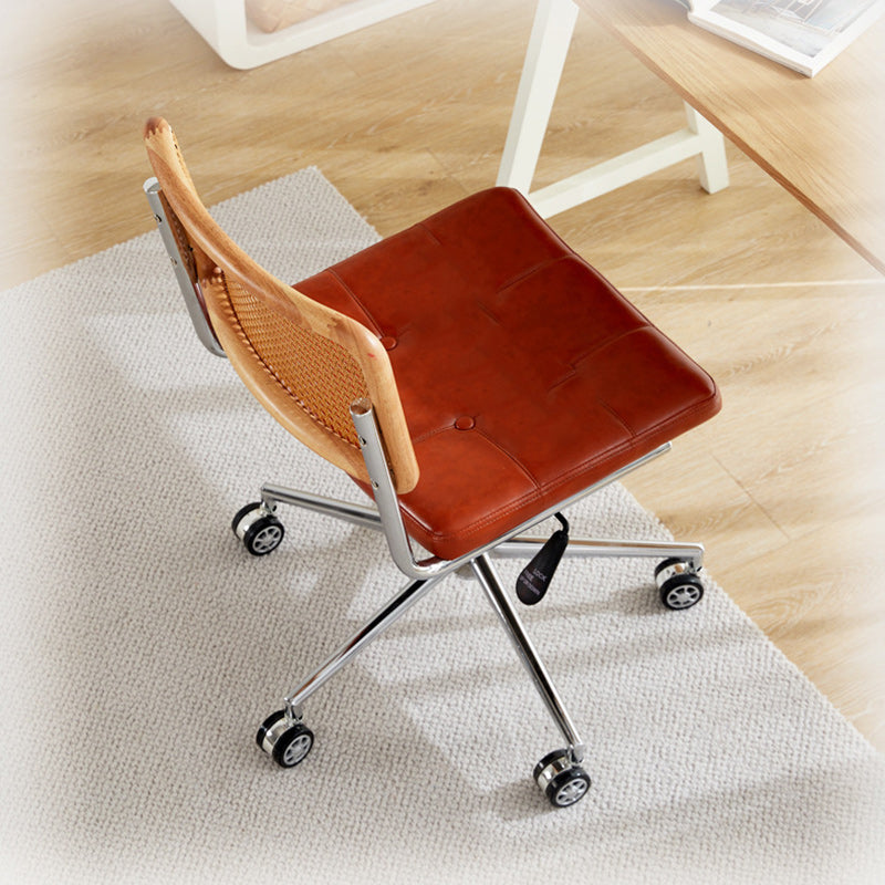 Contemporary Retro Weaving Rattan PU Leather Steel Alloy Liftable Square Desk Chair Backrest For Home Office DFM-F