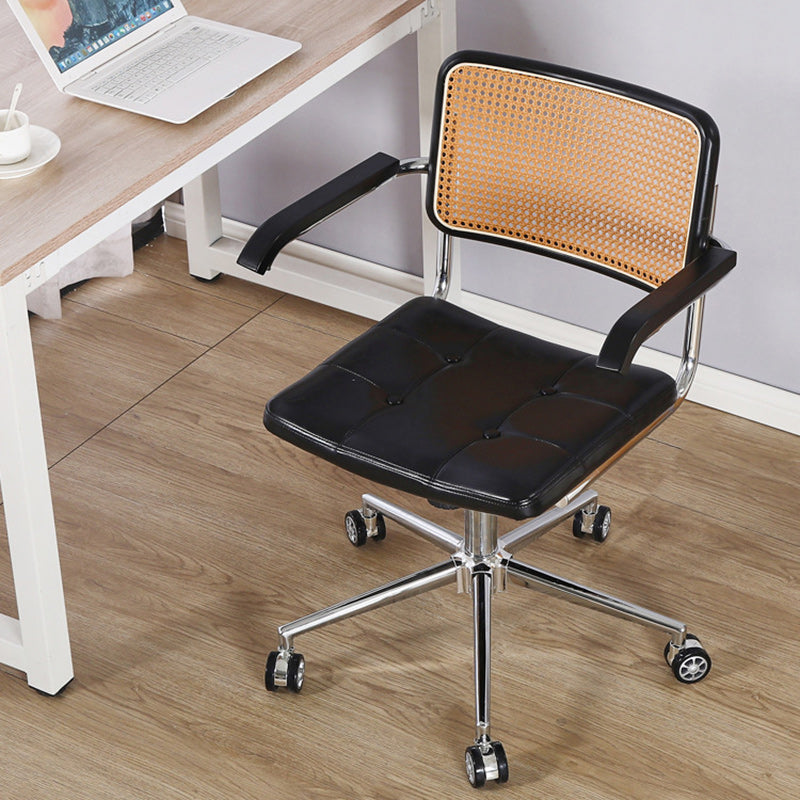 Contemporary Retro Weaving Rattan PU Leather Steel Alloy Liftable Square Desk Chair Backrest For Home Office