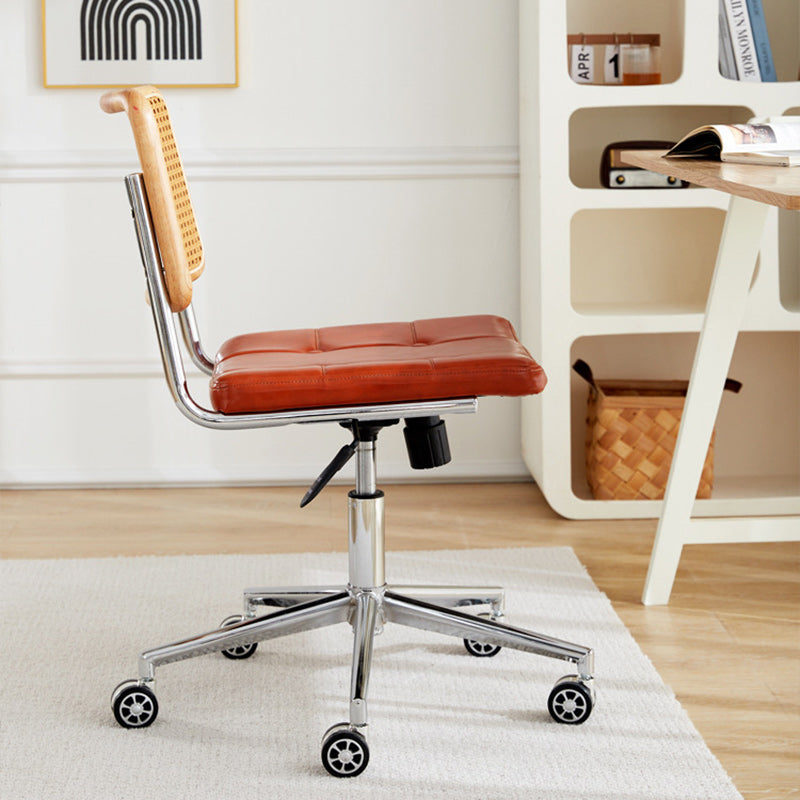 Contemporary Retro Weaving Rattan PU Leather Steel Alloy Liftable Square Desk Chair Backrest For Home Office DFM-F