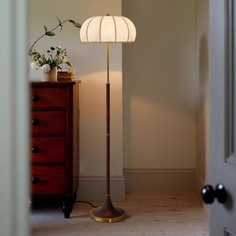 Contemporary Retro Fabric Metal Round Lantern Striped 1-Light Standing Floor Lamp For Living Room Lumendat