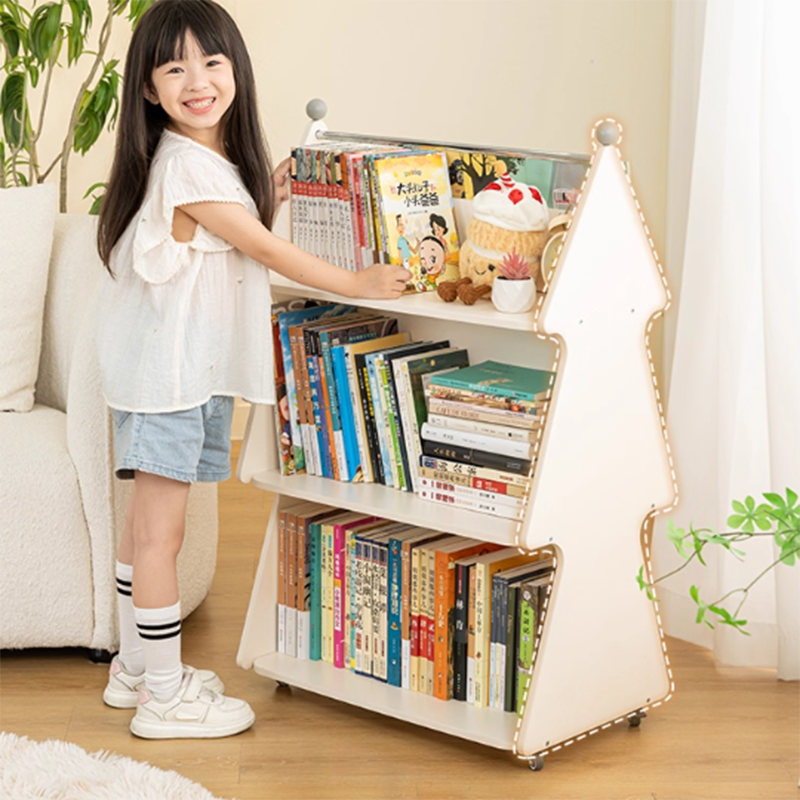Lumendat Contemporary Creative Christmas Tree Solid Wood Particle Board Acrylic Iron Kids Movable Bookshelf 3-Tier For Study Lumendat