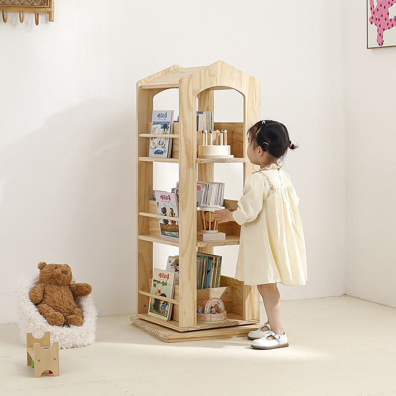 Lumendat Contemporary Creative House-Shaped Pine Wood Rotatable Kids Floor-Standing Bookshelf 3/4-Tier For Study Lumendat