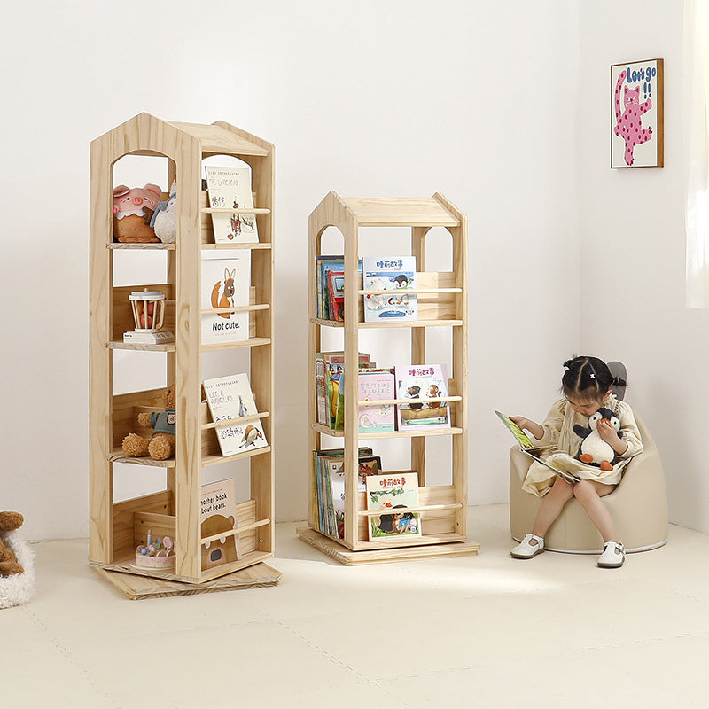 Lumendat Contemporary Creative House-Shaped Pine Wood Rotatable Kids Floor-Standing Bookshelf 3/4-Tier For Study Lumendat