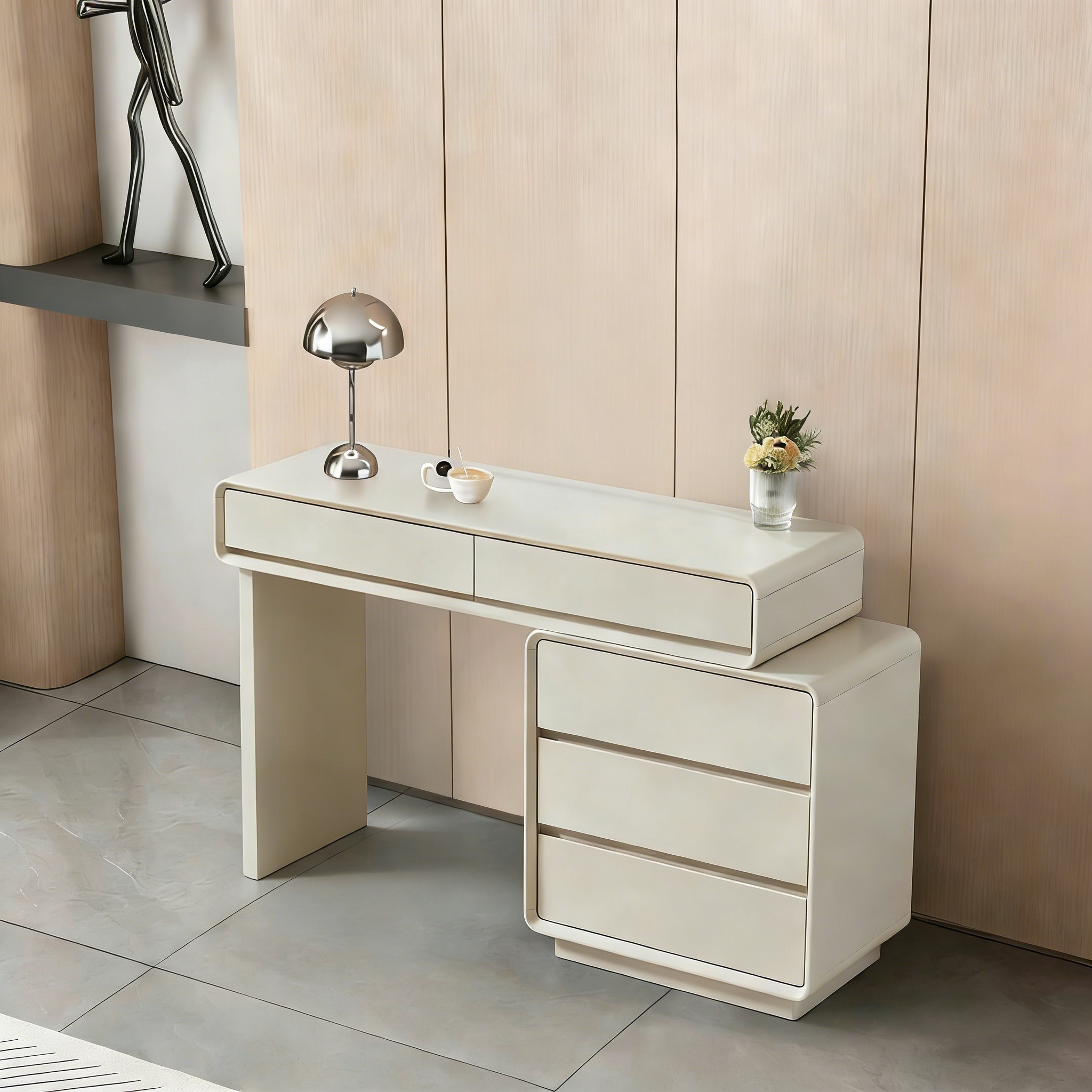 Contemporary Nordic Extendable Makeup Vanity - 5-Drawer High-Density MDF Particle Board Dressing Table For Bedroom Lumendat