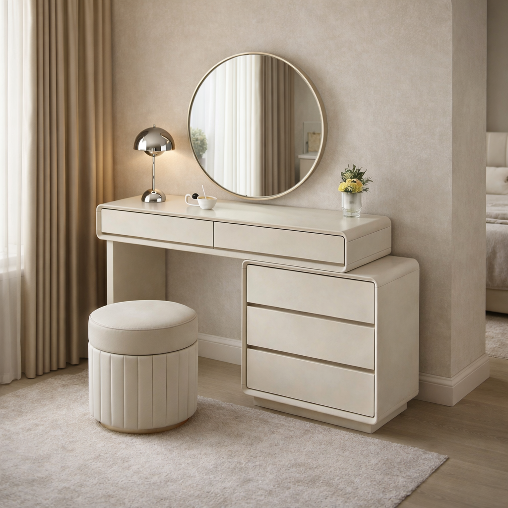 Contemporary Nordic Extendable Makeup Vanity - 5-Drawer High-Density MDF Particle Board Dressing Table For Bedroom Lumendat