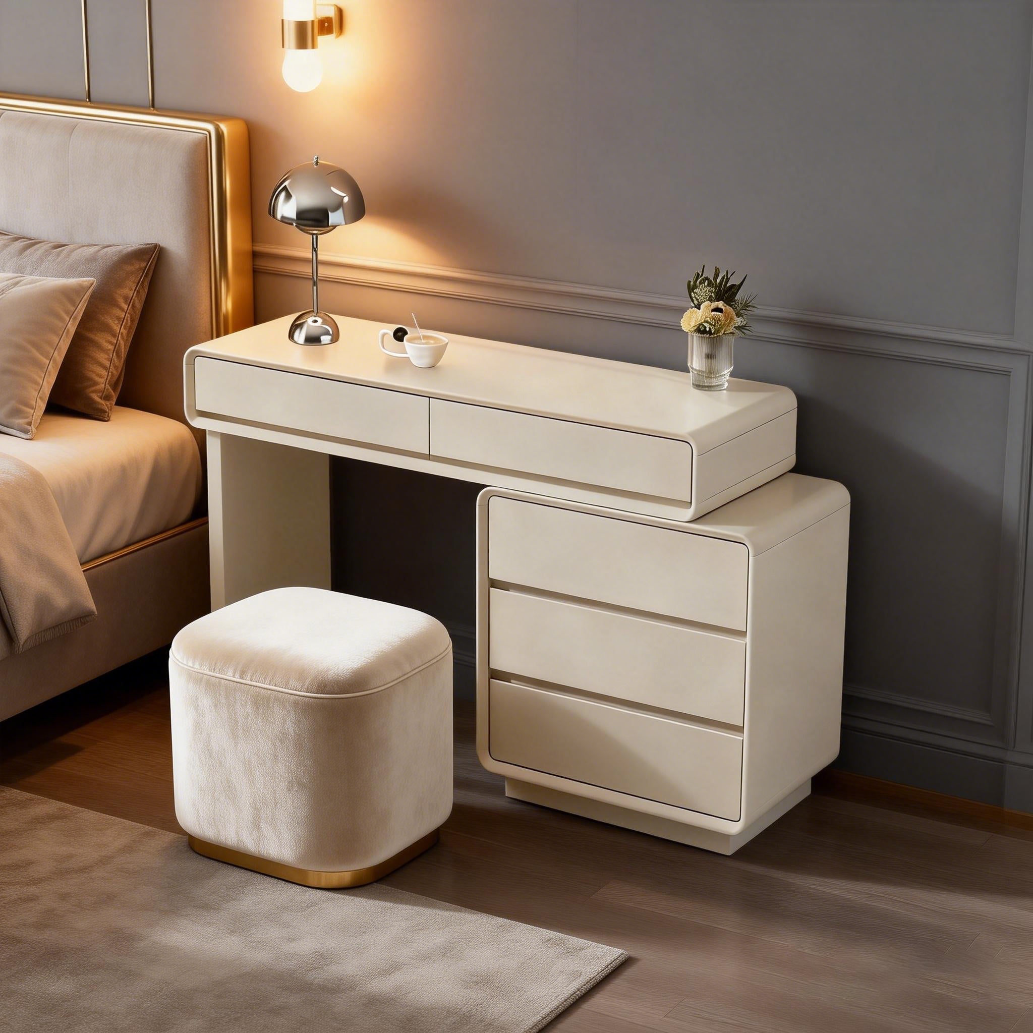 Contemporary Nordic Extendable Makeup Vanity - 5-Drawer High-Density MDF Particle Board Dressing Table For Bedroom Lumendat