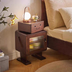 Lumendat Contemporary Creative Solid Wood Glass Rounded Robot-Shaped Nightstand With 2 Storage For Bedroom & Living Room Lumendat