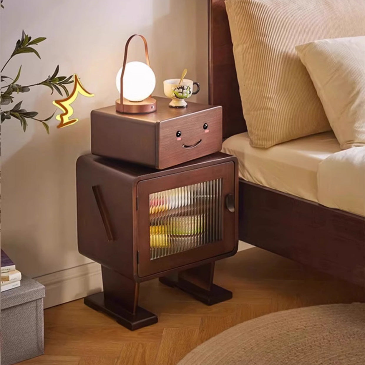 Lumendat Contemporary Creative Solid Wood Glass Rounded Robot-Shaped Nightstand With 2 Storage For Bedroom & Living Room Lumendat