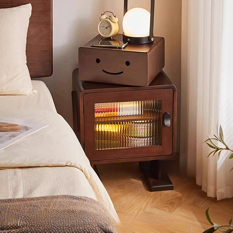 Lumendat Contemporary Creative Solid Wood Glass Rounded Robot-Shaped Nightstand With 2 Storage For Bedroom & Living Room Lumendat