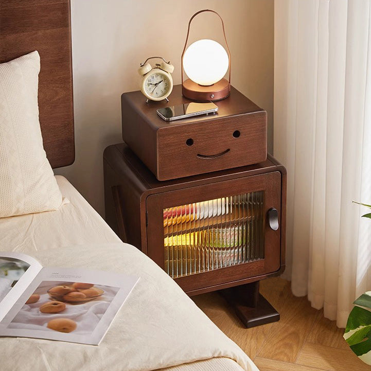 Lumendat Contemporary Creative Solid Wood Glass Rounded Robot-Shaped Nightstand With 2 Storage For Bedroom & Living Room Lumendat