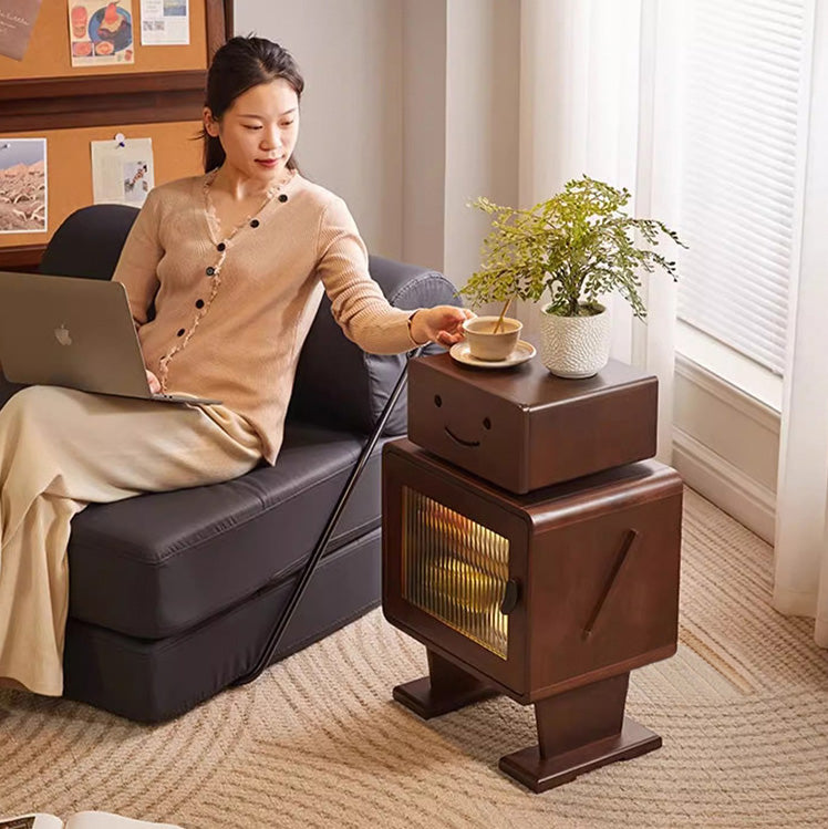 Lumendat Contemporary Creative Solid Wood Glass Rounded Robot-Shaped Nightstand With 2 Storage For Bedroom & Living Room Lumendat