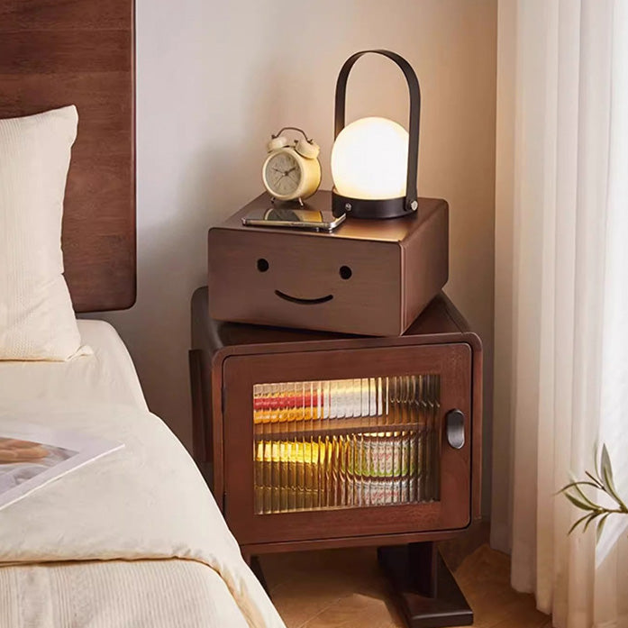 Lumendat Contemporary Creative Solid Wood Glass Rounded Robot-Shaped Nightstand With 2 Storage For Bedroom & Living Room Lumendat