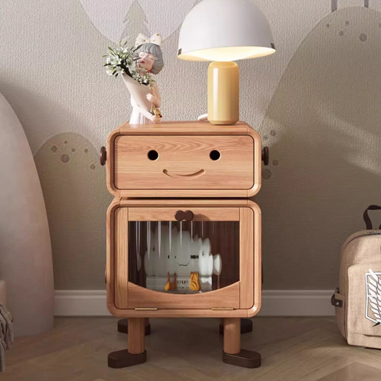 Lumendat Contemporary Creative Solid Wood Glass Cylindrical Robot Nightstand With 1 Drawer For Bedroom Lumendat
