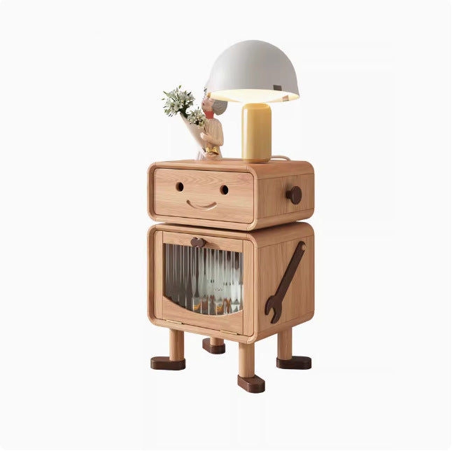 Lumendat Contemporary Creative Solid Wood Glass Cylindrical Robot Nightstand With 1 Drawer For Bedroom Lumendat