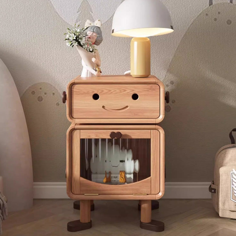 Lumendat Contemporary Creative Solid Wood Glass Cylindrical Robot Nightstand With 1 Drawer For Bedroom Lumendat