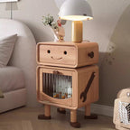 Lumendat Contemporary Creative Solid Wood Glass Cylindrical Robot Nightstand With 1 Drawer For Bedroom Lumendat