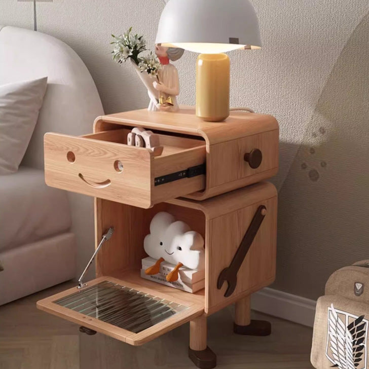 Lumendat Contemporary Creative Solid Wood Glass Cylindrical Robot Nightstand With 1 Drawer For Bedroom Lumendat