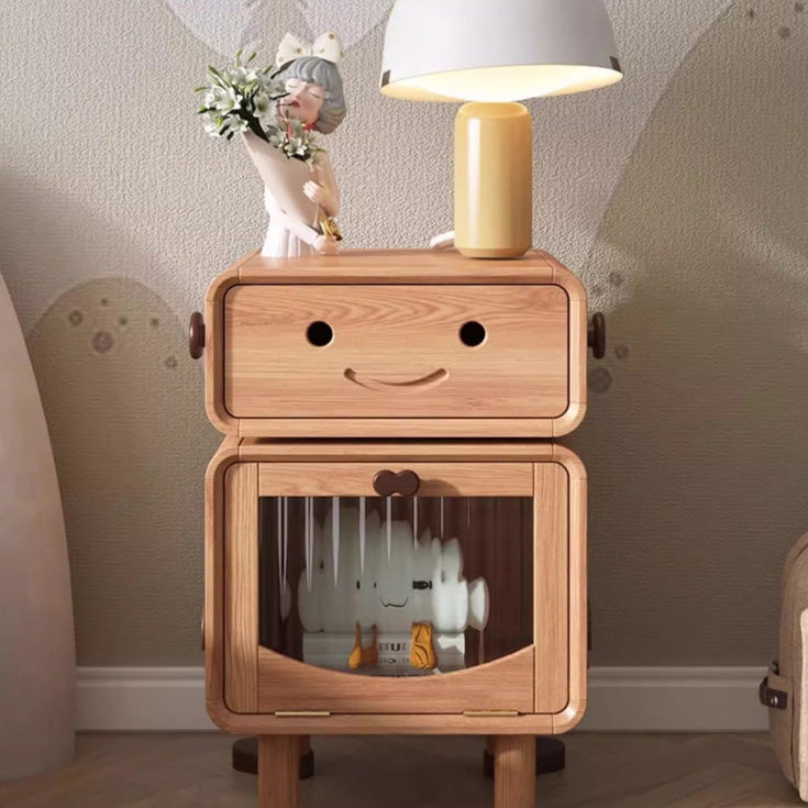 Lumendat Contemporary Creative Solid Wood Glass Cylindrical Robot Nightstand With 1 Drawer For Bedroom Lumendat