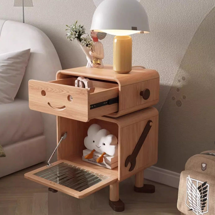Lumendat Contemporary Creative Solid Wood Glass Cylindrical Robot Nightstand With 1 Drawer For Bedroom Lumendat