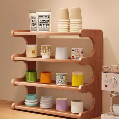 Traditional Vintage Bamboo Medium Density Fiberboard Rounded E-Shaped Storage Shelf 2/3/4-Tier For Home Office