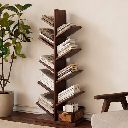 Contemporary Retro Tree-Shaped Solid Wood Bookshelves 5/8/10-Tier Standing Shelves For Home Office