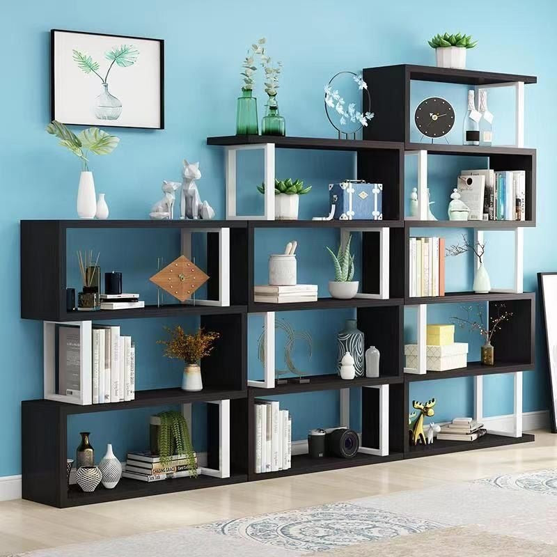 Contemporary Scandinavian Geometric Vertical MDF Steel Bookshelves 3/4/5/6-Tier Open Back Design Standing Shelves For Home Office DFM-F