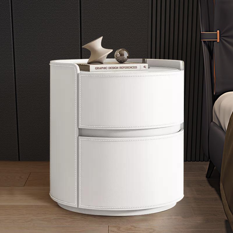 Modern Luxury Round Faux Saddle Leather Nightstand 2-Drawer For Bedroom Lumendat