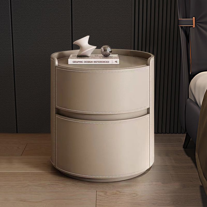 Modern Luxury Round Faux Saddle Leather Nightstand 2-Drawer For Bedroom Lumendat