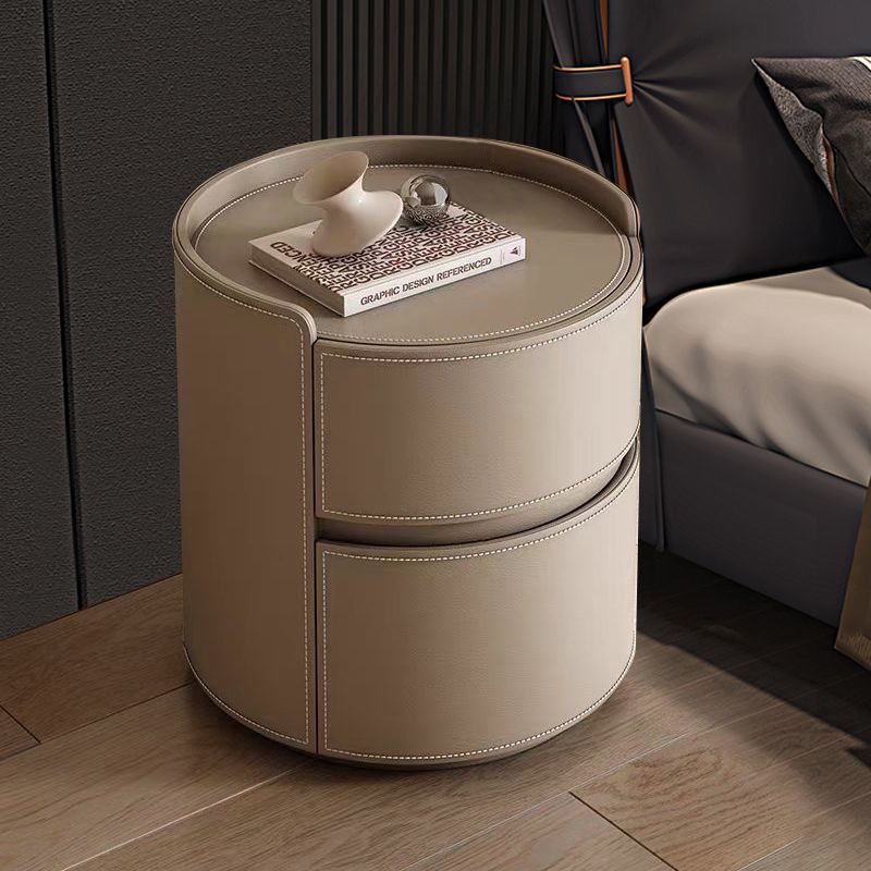 Modern Luxury Round Faux Saddle Leather Nightstand 2-Drawer For Bedroom Lumendat