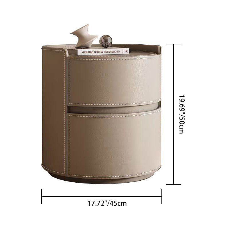 Modern Luxury Round Faux Saddle Leather Nightstand 2-Drawer For Bedroom Lumendat