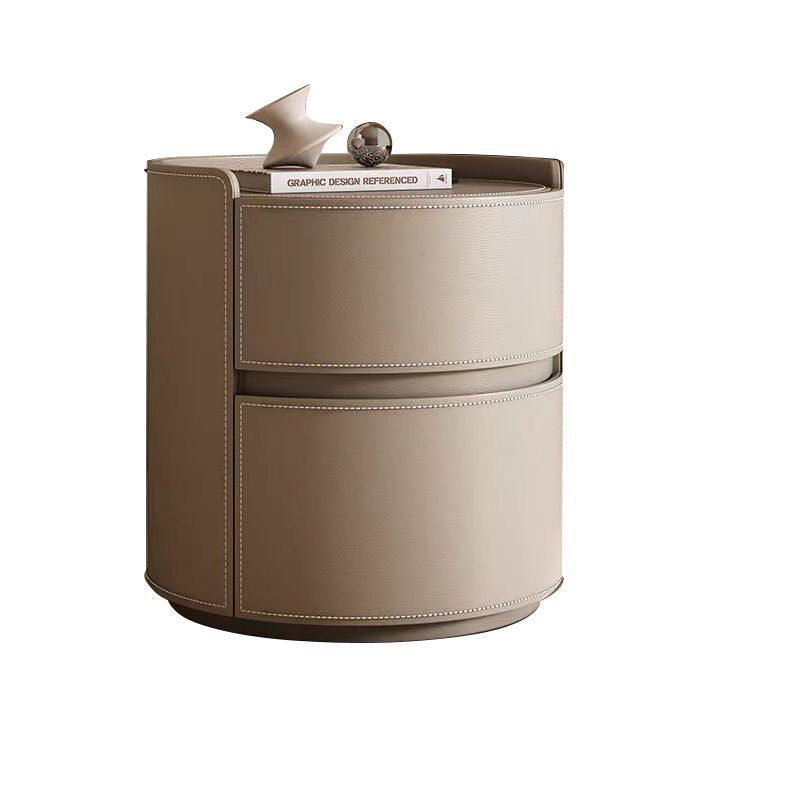 Modern Luxury Round Faux Saddle Leather Nightstand 2-Drawer For Bedroom Lumendat