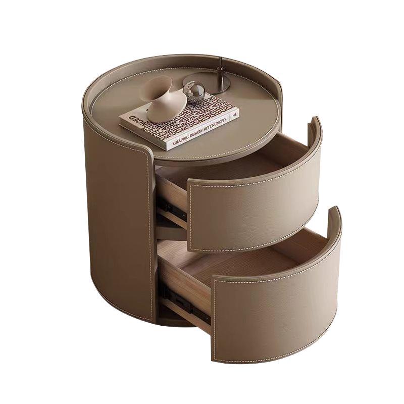 Modern Luxury Round Faux Saddle Leather Nightstand 2-Drawer For Bedroom Lumendat
