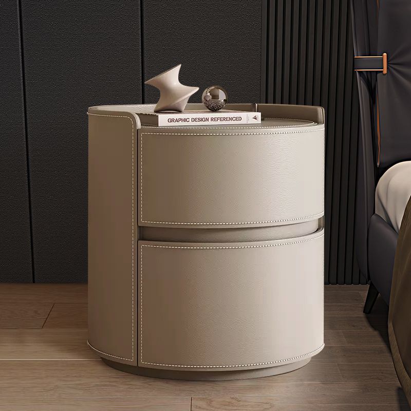 Modern Luxury Round Faux Saddle Leather Nightstand 2-Drawer For Bedroom Lumendat