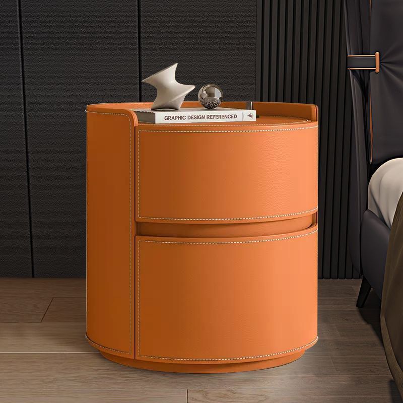 Modern Luxury Round Faux Saddle Leather Nightstand 2-Drawer For Bedroom Lumendat