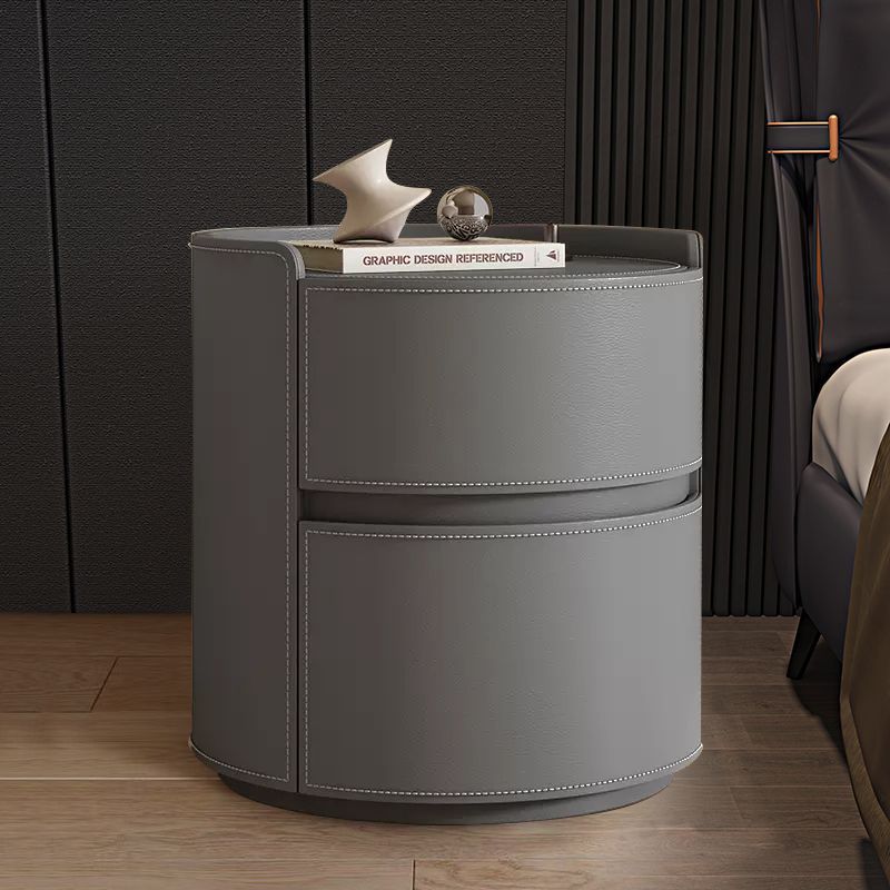 Modern Luxury Round Faux Saddle Leather Nightstand 2-Drawer For Bedroom Lumendat