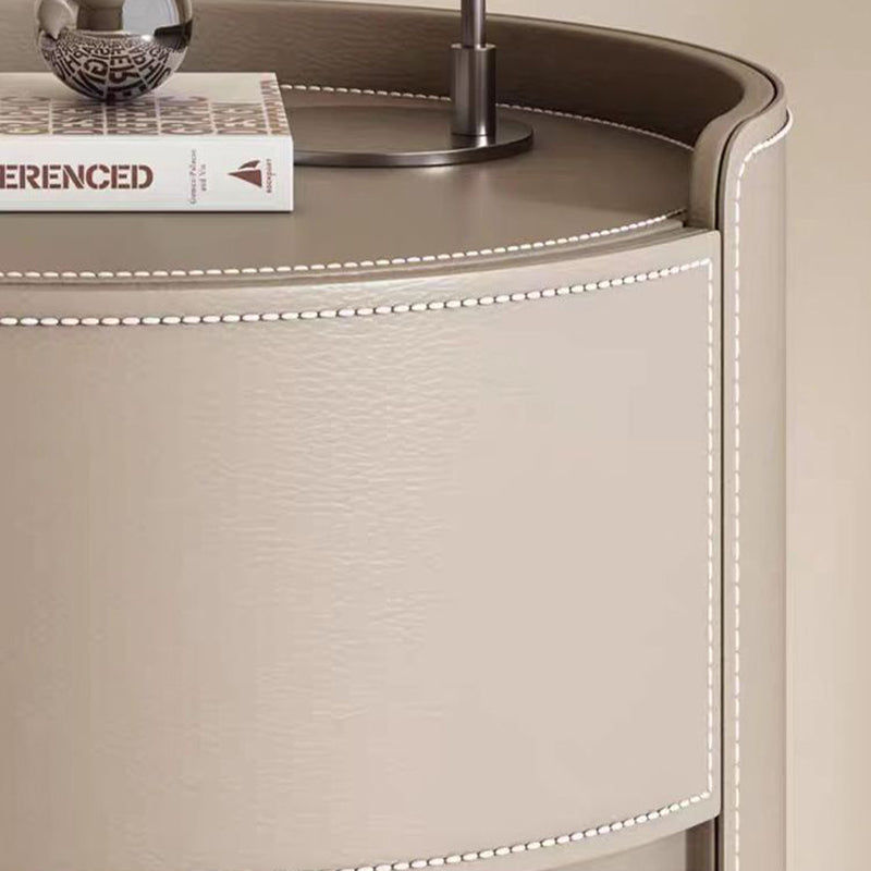 Modern Luxury Round Faux Saddle Leather Nightstand 2-Drawer For Bedroom Lumendat