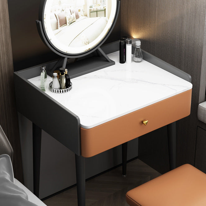 Contemporary Scandinavian Rectangular Rock Panel Microfiber Leather Carbon Steel Makeup Vanity 1-Drawer For Bedroom Lumendat