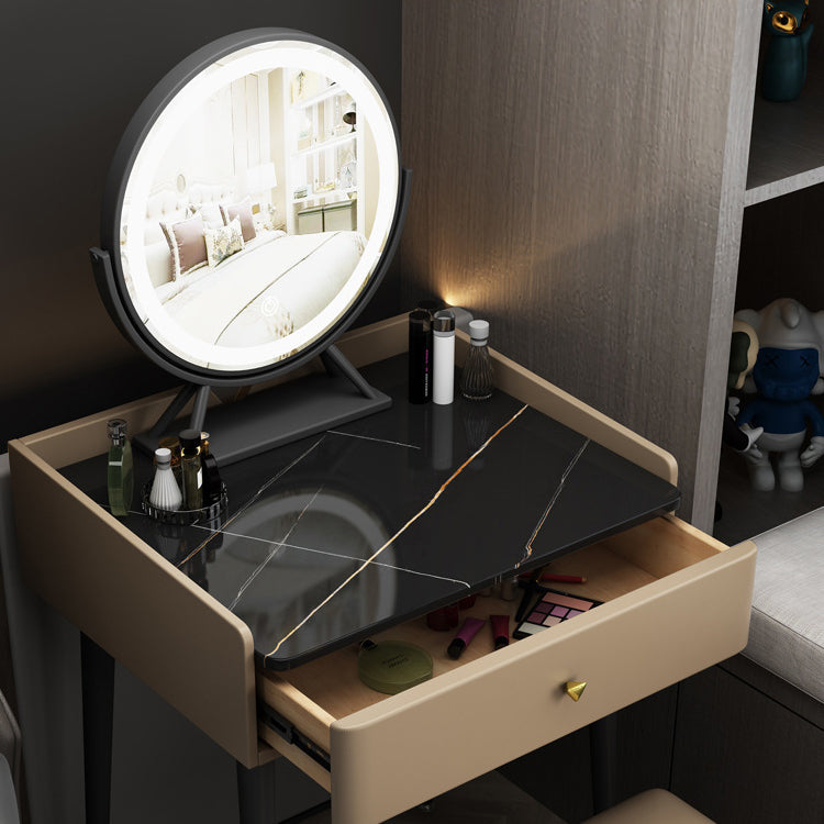 Contemporary Scandinavian Rectangular Rock Panel Microfiber Leather Carbon Steel Makeup Vanity 1-Drawer For Bedroom Lumendat
