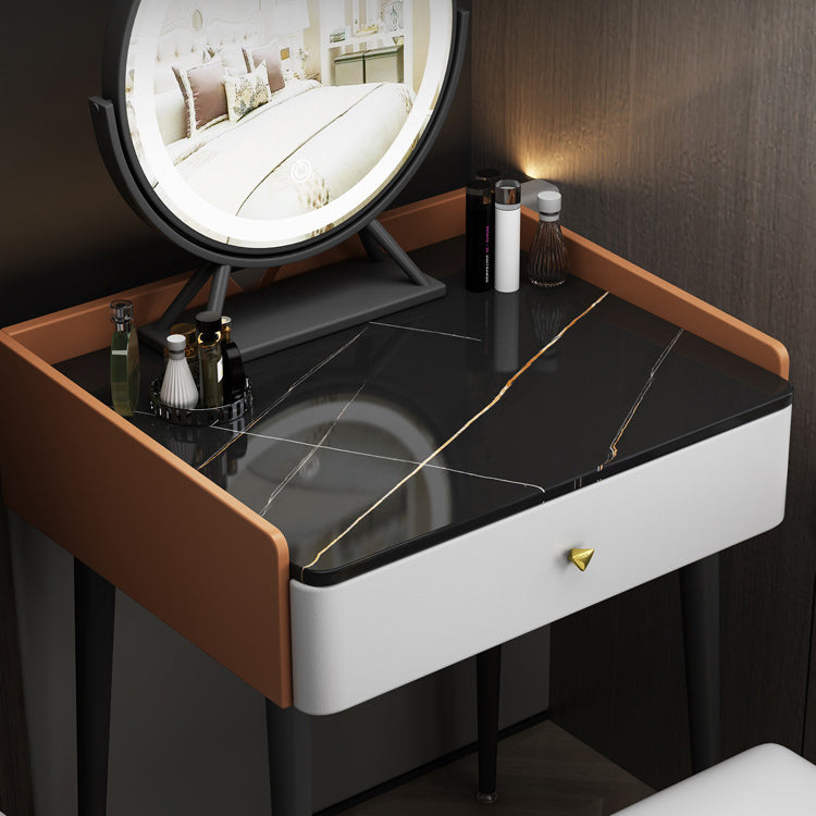 Contemporary Scandinavian Rectangular Rock Panel Microfiber Leather Carbon Steel Makeup Vanity 1-Drawer For Bedroom Lumendat