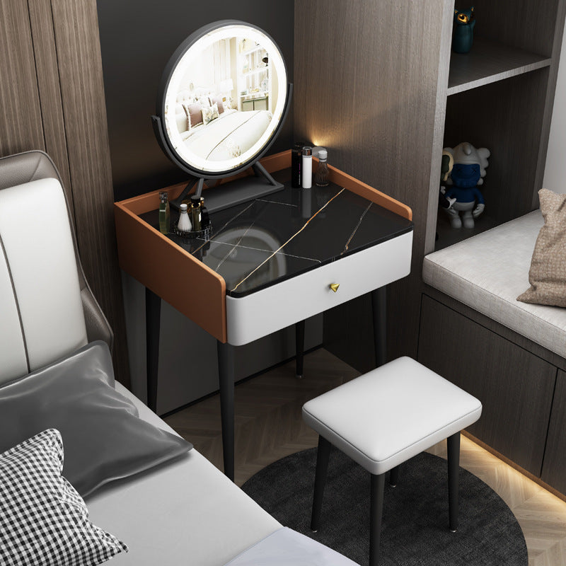 Contemporary Scandinavian Rectangular Rock Panel Microfiber Leather Carbon Steel Makeup Vanity 1-Drawer For Bedroom Lumendat