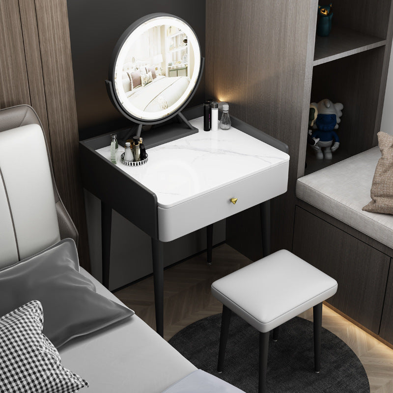 Contemporary Scandinavian Rectangular Rock Panel Microfiber Leather Carbon Steel Makeup Vanity 1-Drawer For Bedroom Lumendat
