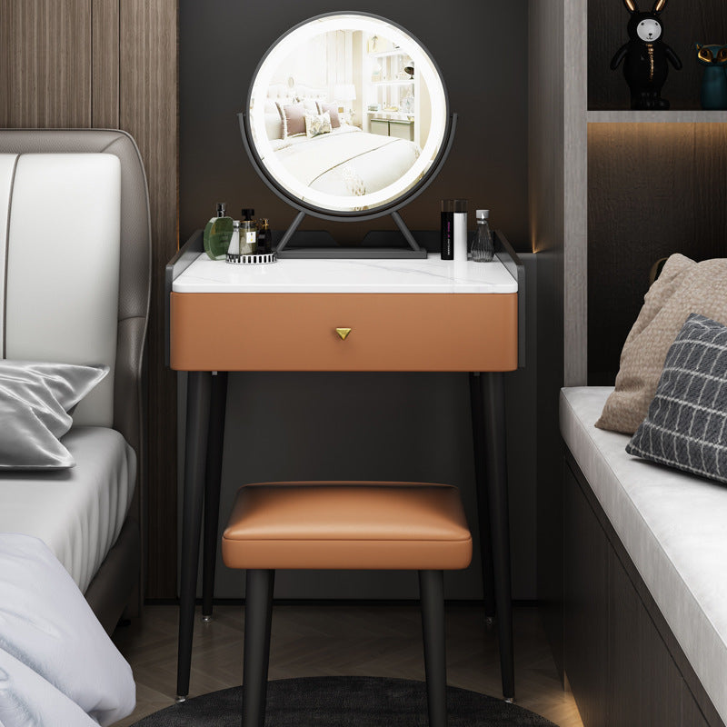 Contemporary Scandinavian Rectangular Rock Panel Microfiber Leather Carbon Steel Makeup Vanity 1-Drawer For Bedroom Lumendat