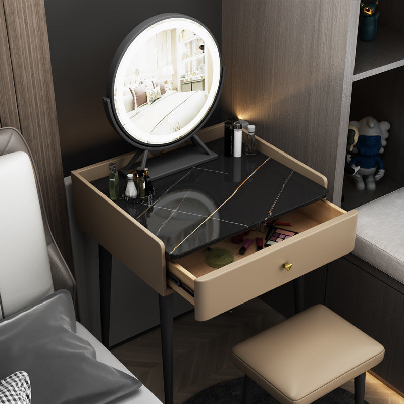 Contemporary Scandinavian Rectangular Rock Panel Microfiber Leather Carbon Steel Makeup Vanity 1-Drawer For Bedroom Lumendat