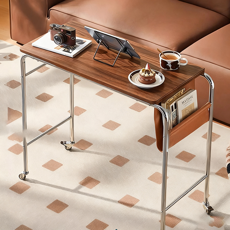 Contemporary Industrial Narrow Rectangular MDF PU Leather Stainless Steel Movable Desk 1-Tier For Home Office DFM-F