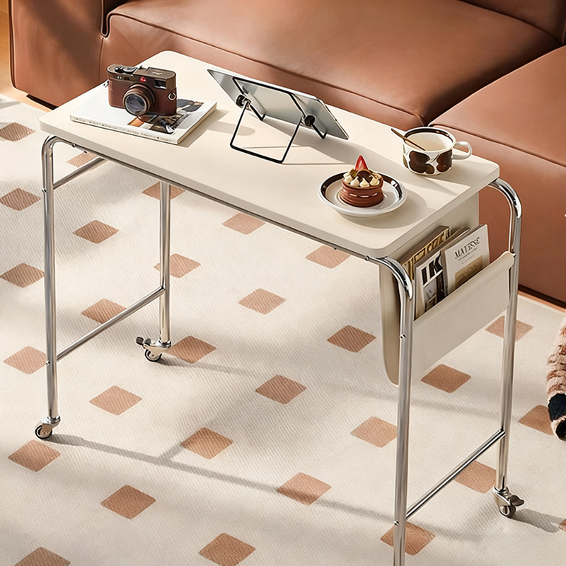 Contemporary Industrial Narrow Rectangular MDF PU Leather Stainless Steel Movable Desk 1-Tier For Home Office DFM-F