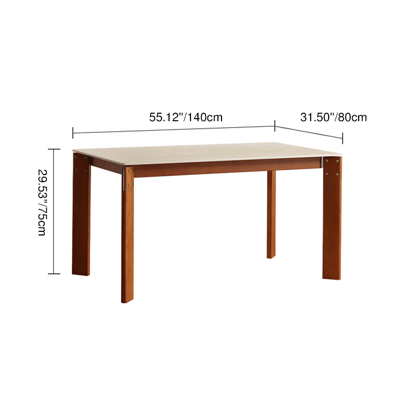 Modern Minimalist Rectangular Travertine Stone Rock Slab & Solid Bench Wood Iron Dining Table For 4-6 Seats Lumendat